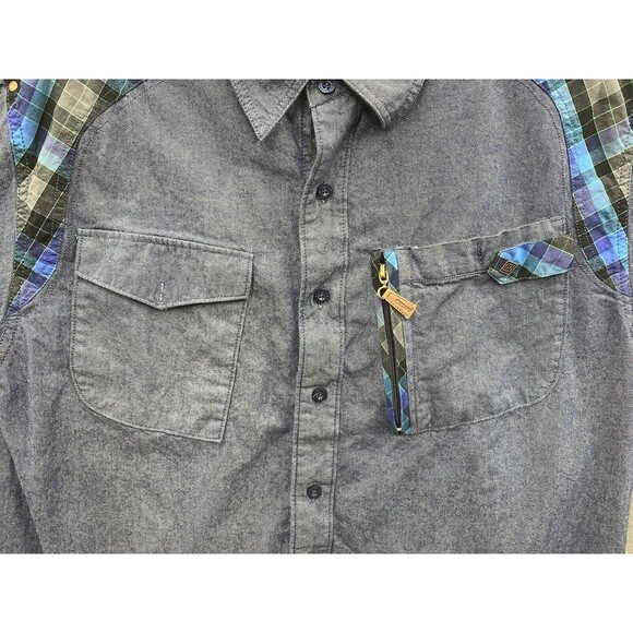 Enyce Button Down Casual Shirt Men XL Blue Plaid Accent Flap Pockets 100% Cotton - Picture 12 of 16